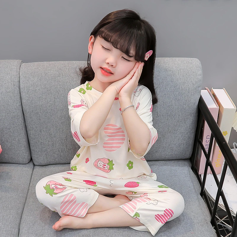 儿童睡衣夏季薄款莫代尔棉小女孩空调服宝宝七分袖套装女童家居服