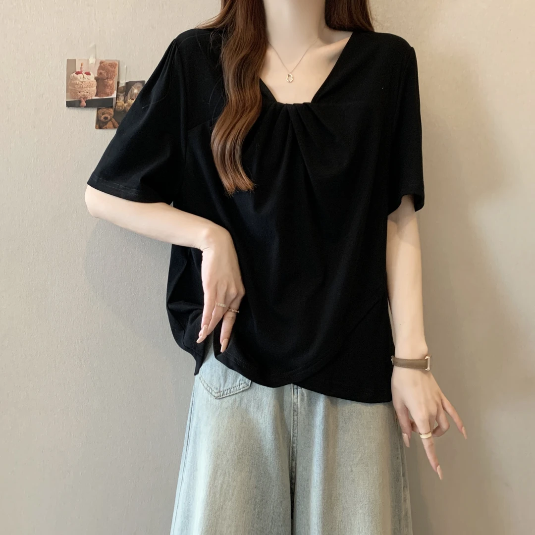 大码设计感V领扭结短袖打底衫女夏季胖mm遮肚子宽松显瘦正肩上衣