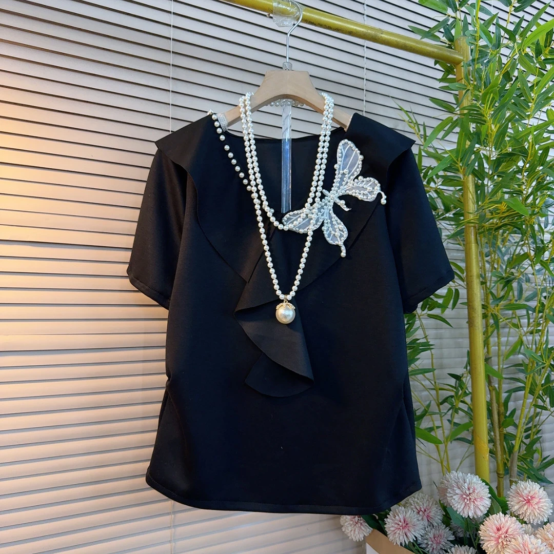 8639胖mm欧货韩系名媛风荷叶边重工订珠蝴蝶结短款设计感百搭衫