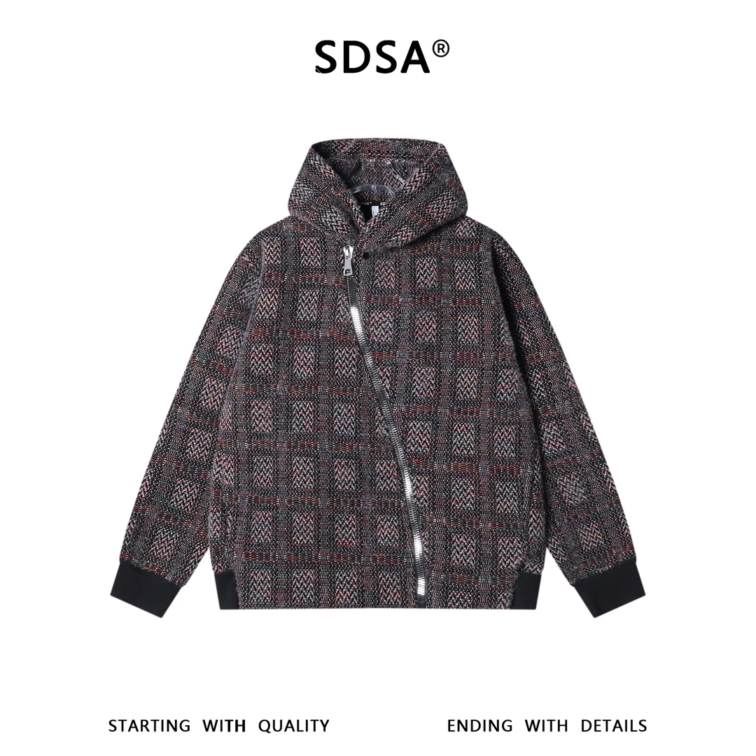 SDSA男士秋冬新款痞帅男装时尚简约绒毛格子斜拉链连帽卫衣百搭