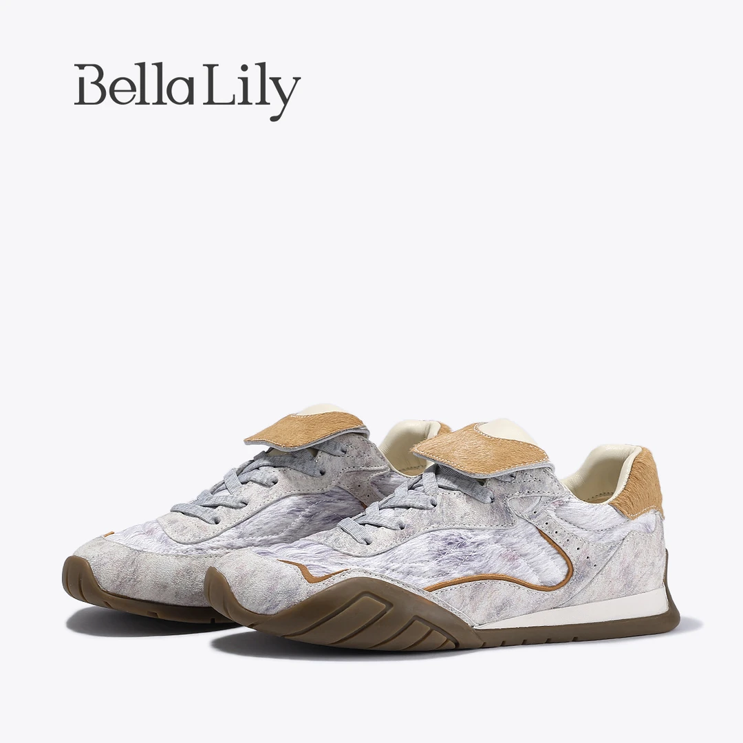 BellaLily2025冬季新款拼色翻盖阿甘鞋马毛休闲运动鞋小众德训鞋