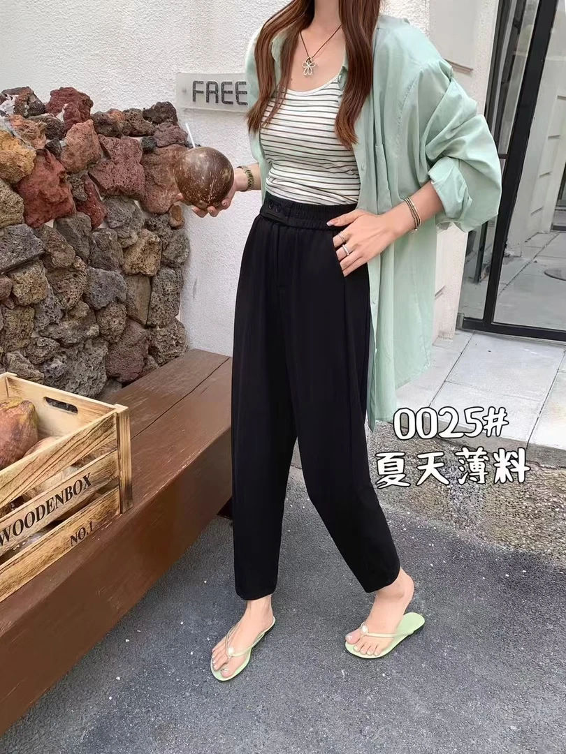 夏季女款气质皱修身韩版高腰宽松休闲九分哈伦裤