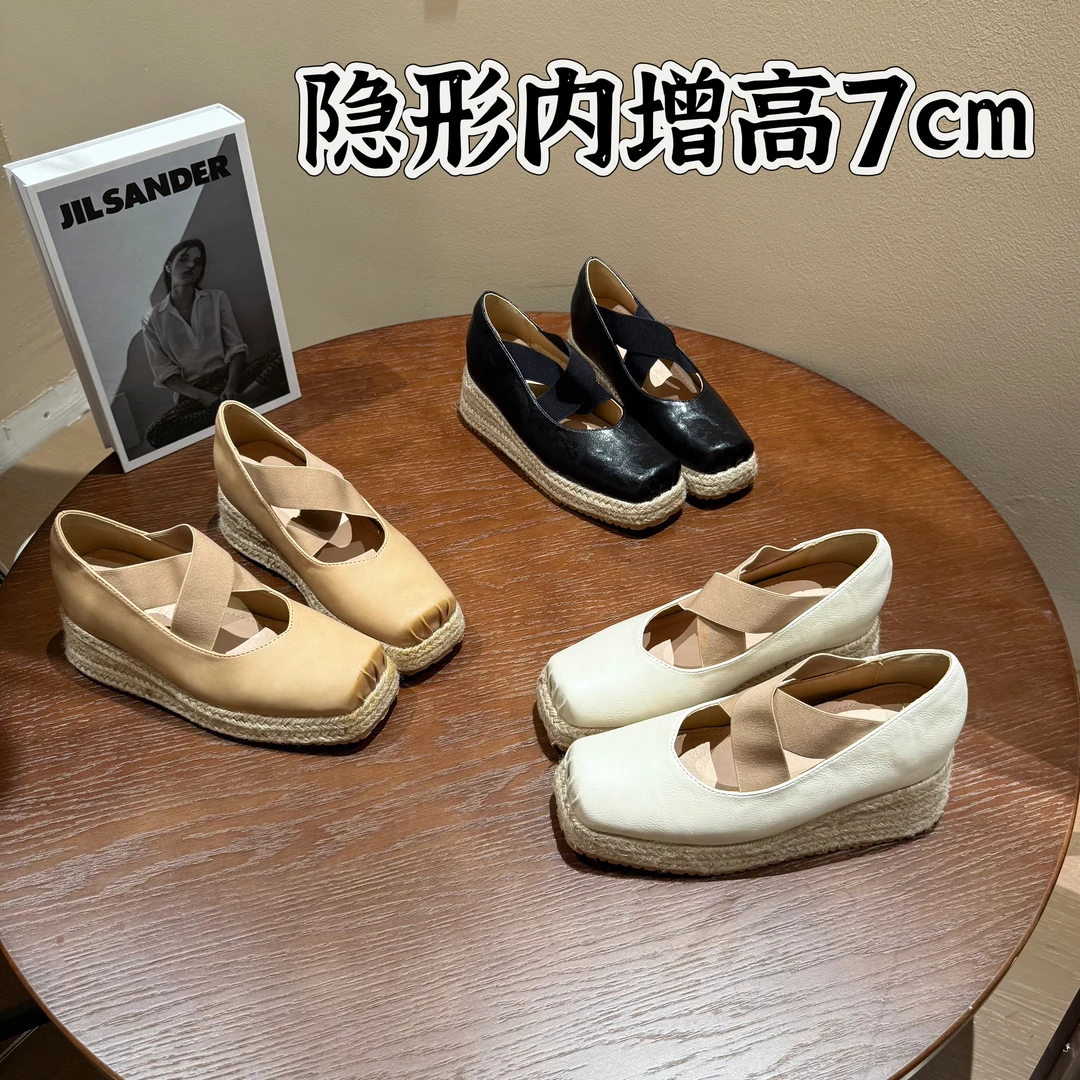 2025新款小个子增高7cm草编芭蕾舞鞋复古绑带单鞋