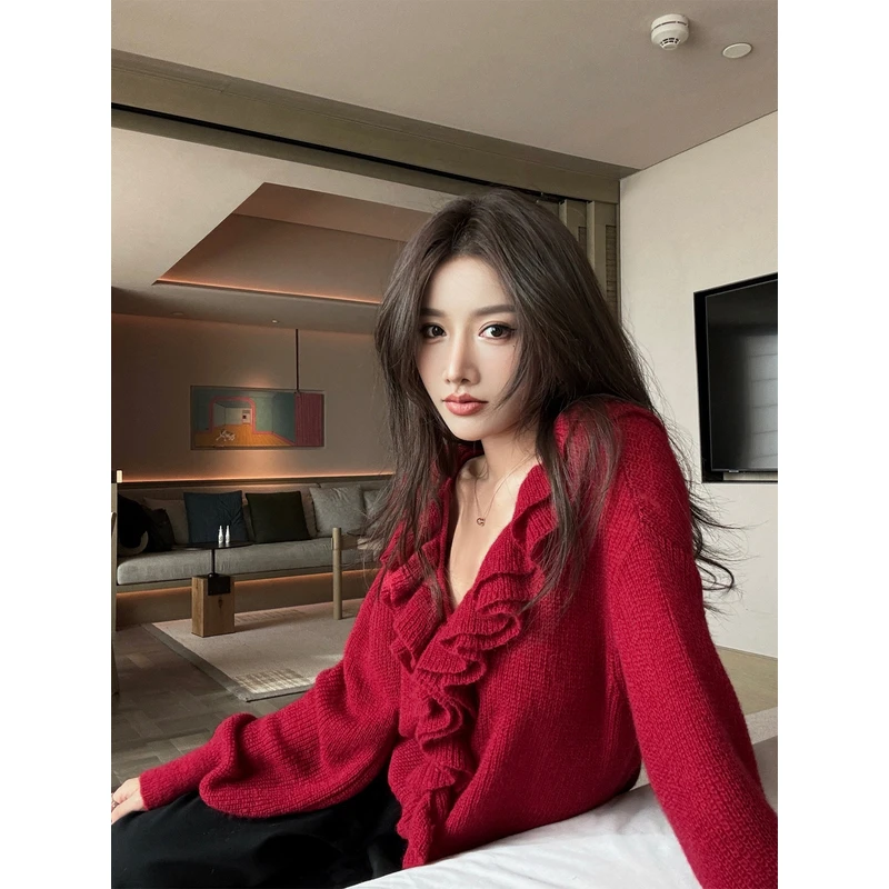 【12/29 20:00上新】马海毛羊毛混纺针织衫 荷叶边V领毛衣