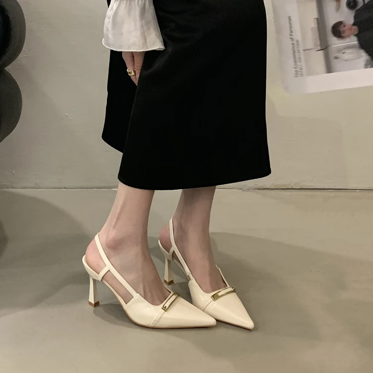 穆勒鞋女尖头2025年新款欧美金属扣包头凉鞋女外穿高跟拖鞋女细跟