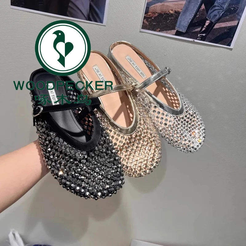 啄木鸟水钻满钻渔网镂空金色包头大头一字玛丽珍单鞋半拖鞋女鞋托
