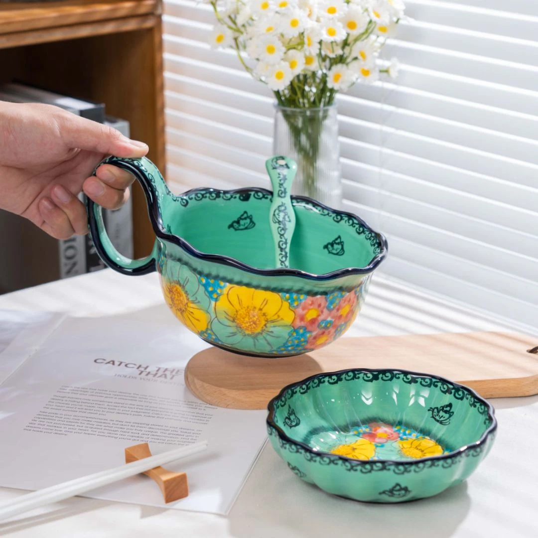 楼兰  新疆包邮【碧海苍田】家用釉下彩曲把碗三件套