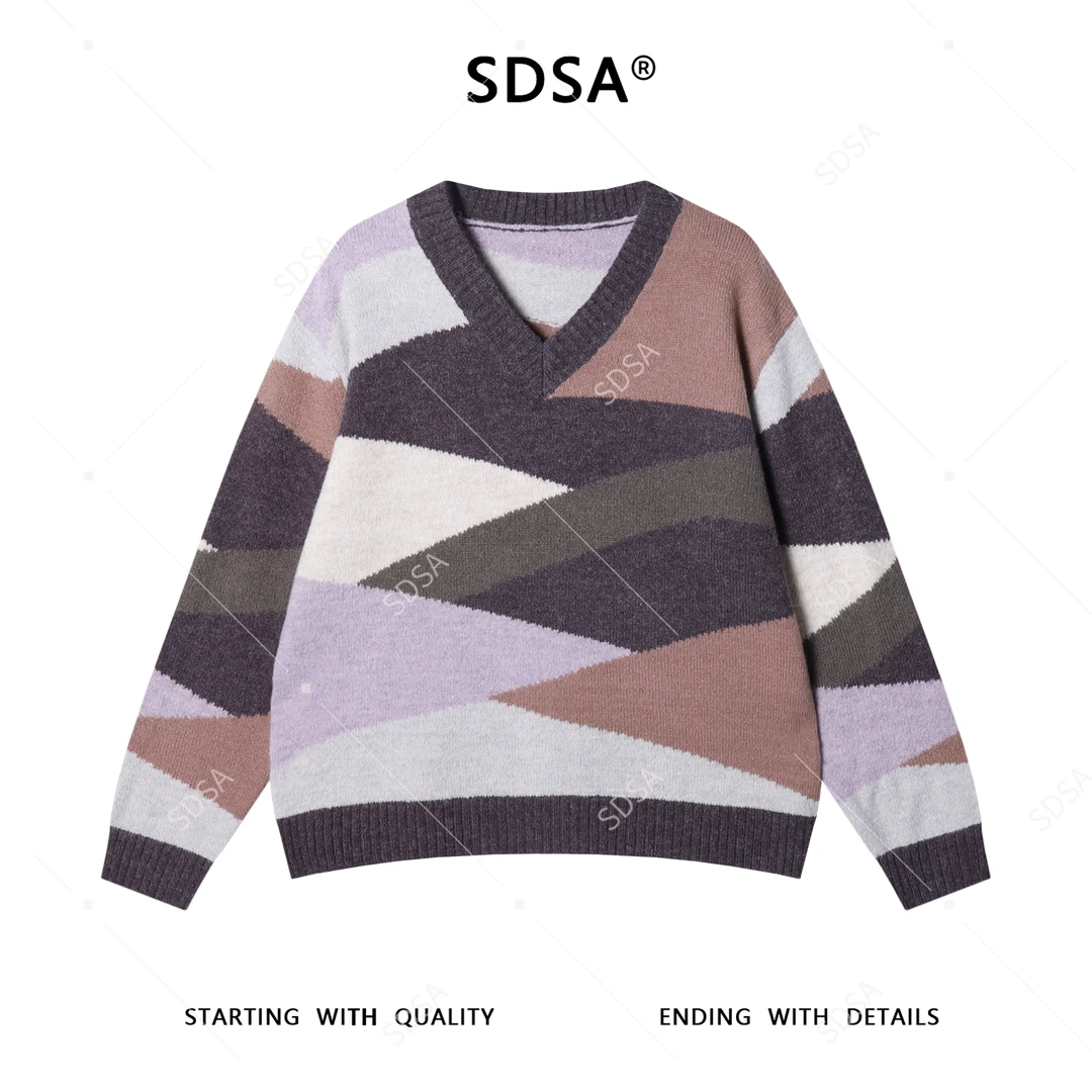 SDSA男士秋冬新款痞帅男装慵懒松弛感撞色V领针织衫百搭套头毛衣