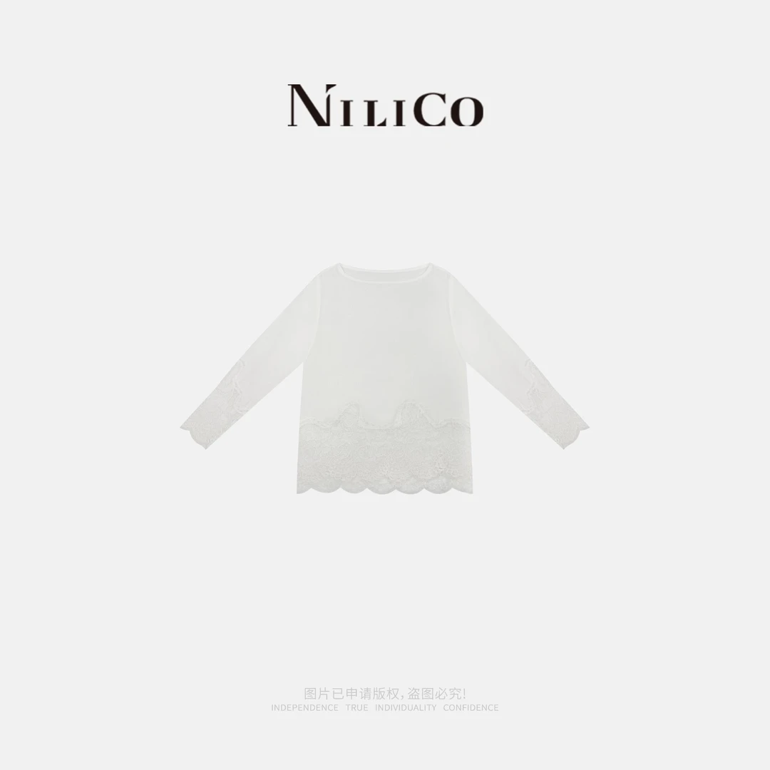 NILICO【记忆香氛】夏季亚麻文艺百搭镂空蕾丝拼接洋气白色薄款上衣