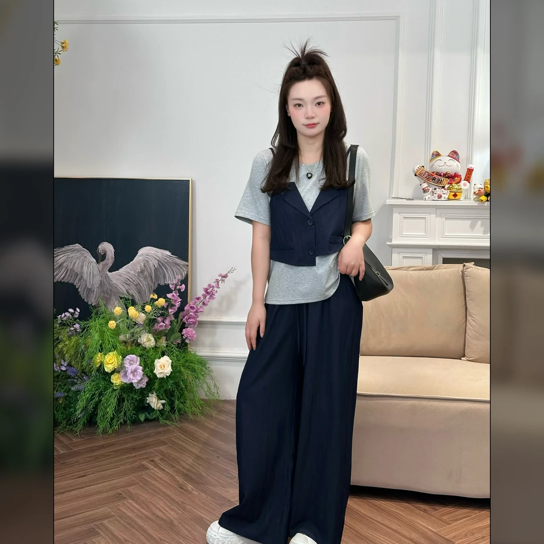 楠序【美芙音】 魏魏微胖女装法式假两件上衣休闲阔腿裤套装NX13618
