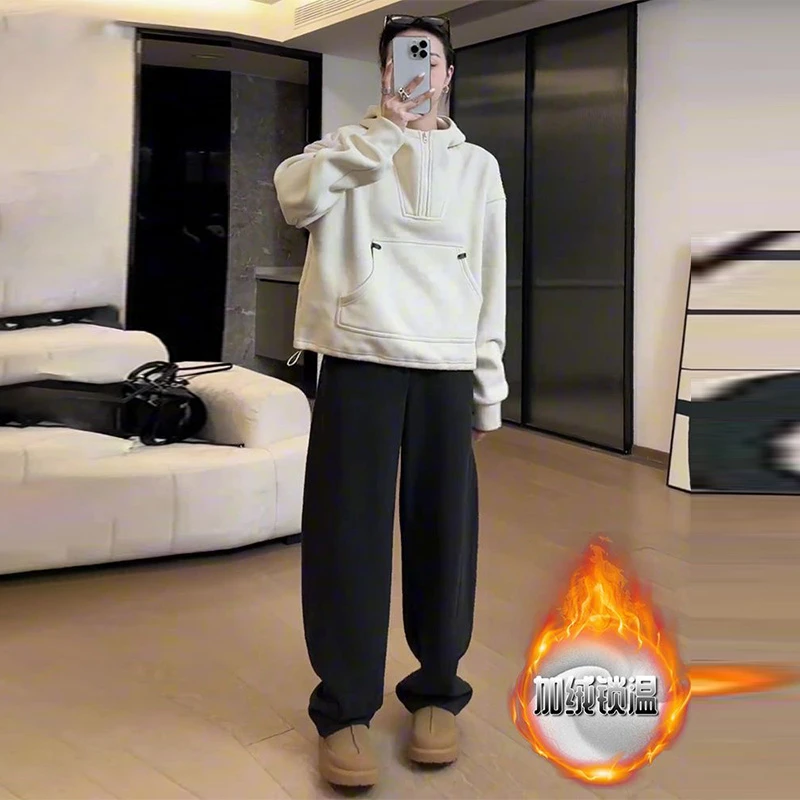 韩版减龄设计感袋鼠兜连帽卫衣女冬季新款加绒加厚休闲裤两件套装