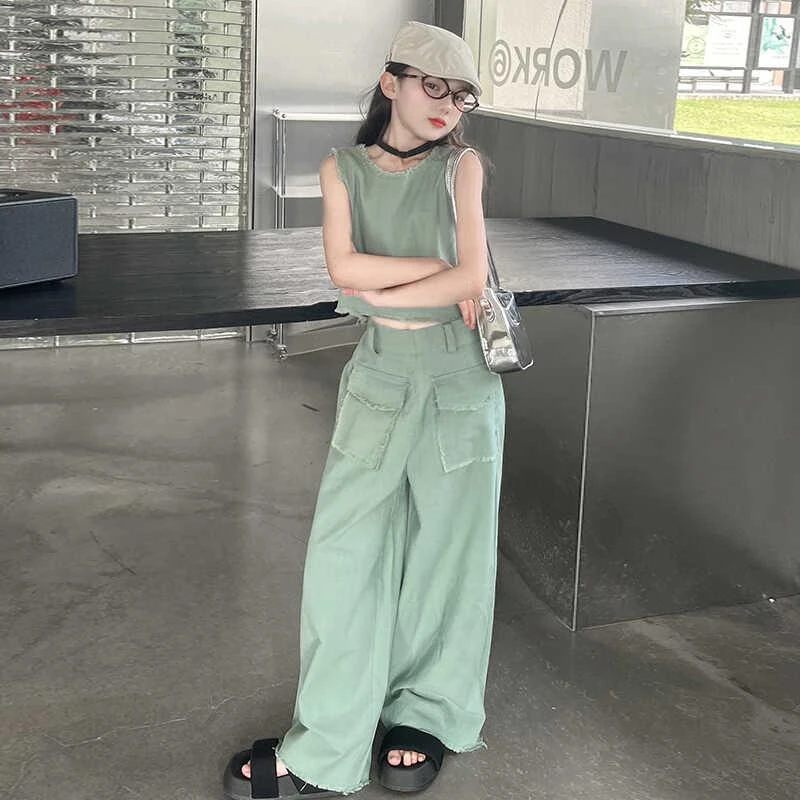 女童夏装套装韩系中大童气质小香风毛边背心双口袋阔腿裤两件套潮
