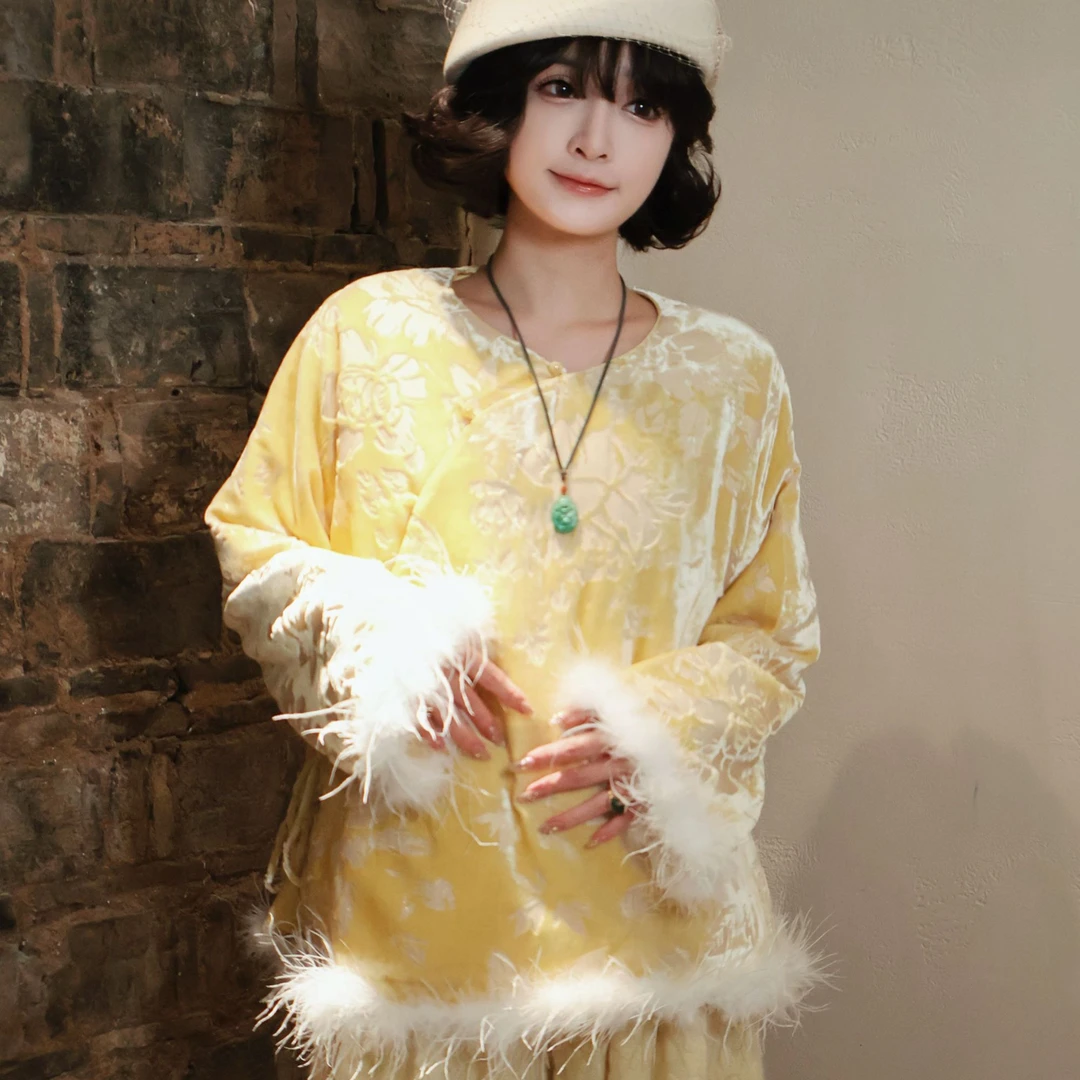 犀霓 霜序锦章·缠枝提花·桑蚕丝丝绒·云茸饰边·中式轻暖棉服