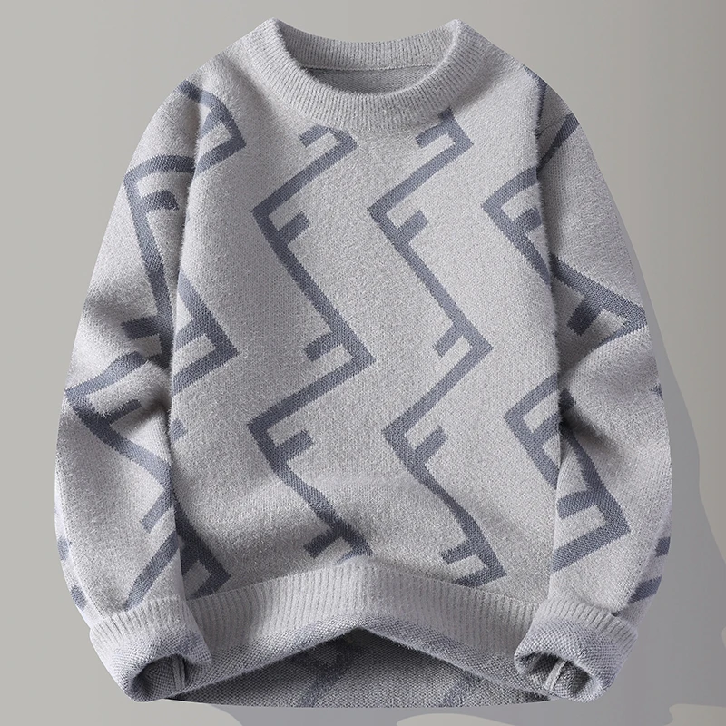 【高品质】2025秋冬季时尚潮流圆领印花毛衣男士保暖针织衫5734