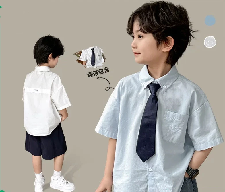 儿童男童领带宝宝衬衫衬衣短袖2025夏季新款