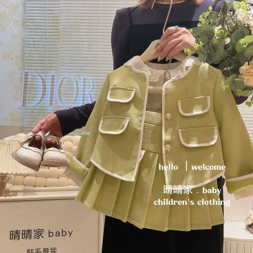 女童洋气小香风春绿色短款外套百褶短裙两件套2025春装GC0020鱼