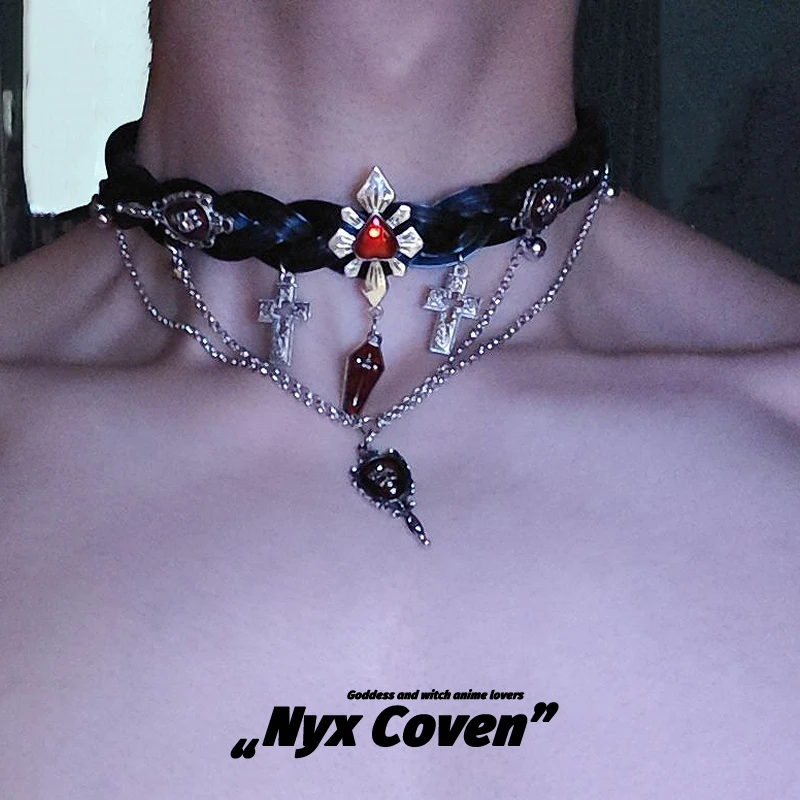 合金皮质项链 NYX NOVEN十字架皮革朋克多层项链y2k辣妹亚文化