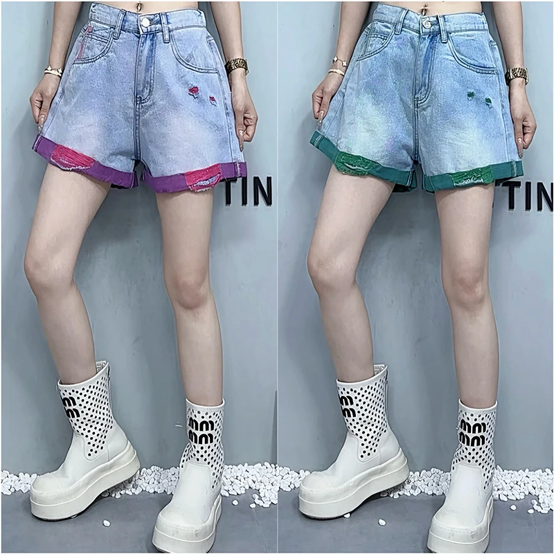 撞色破洞卷边水洗牛仔短裤女夏新款高腰宽松显瘦直筒阔腿裤子-801