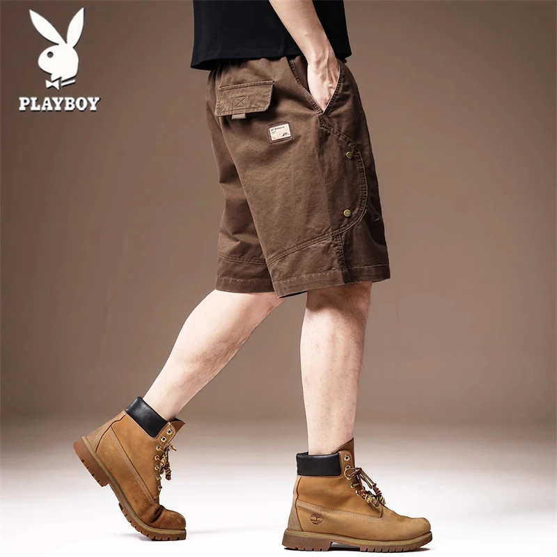 花花公子夏季新款男士美式重磅复古百搭宽松透气纯棉拼接工装短裤