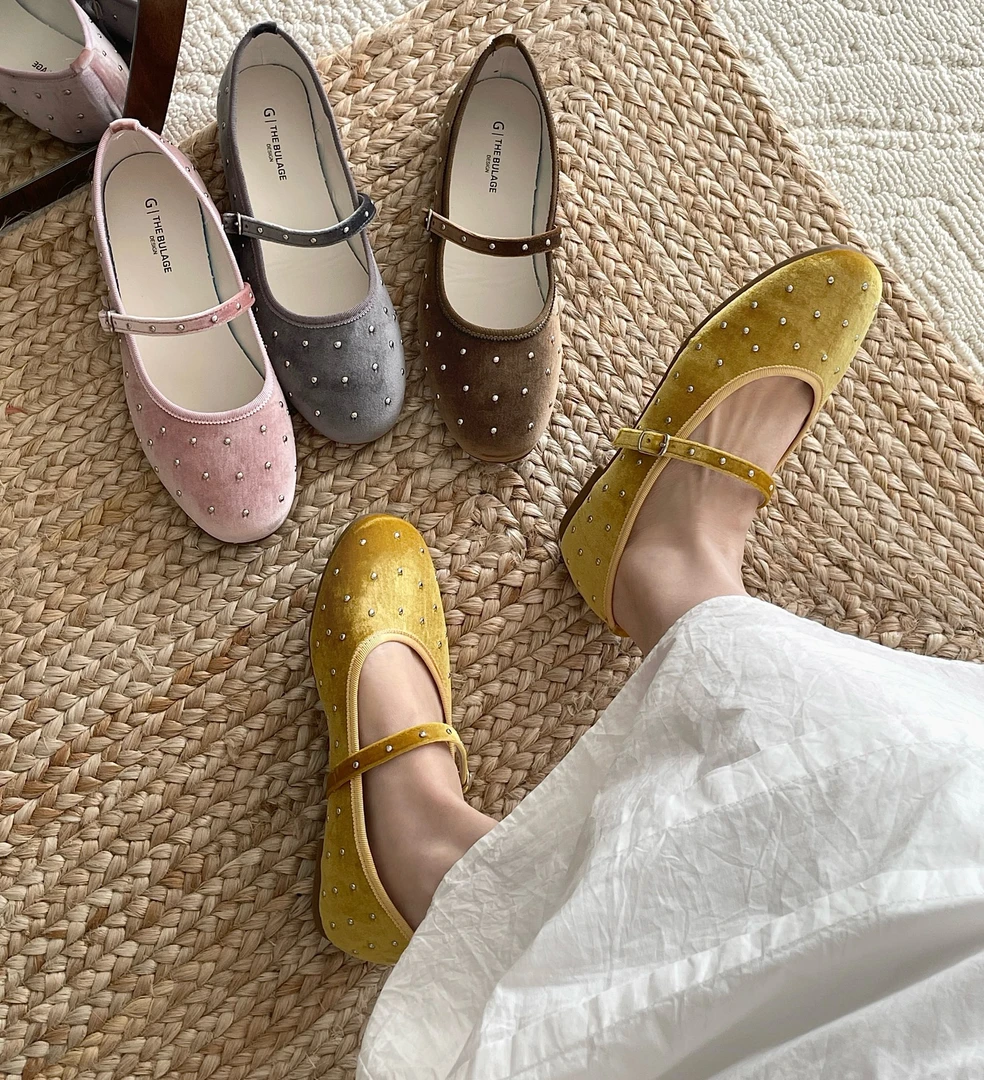 韩版圆头丝绒柳钉满天星玛丽珍鞋仙女风百搭一字带平底单鞋809-20