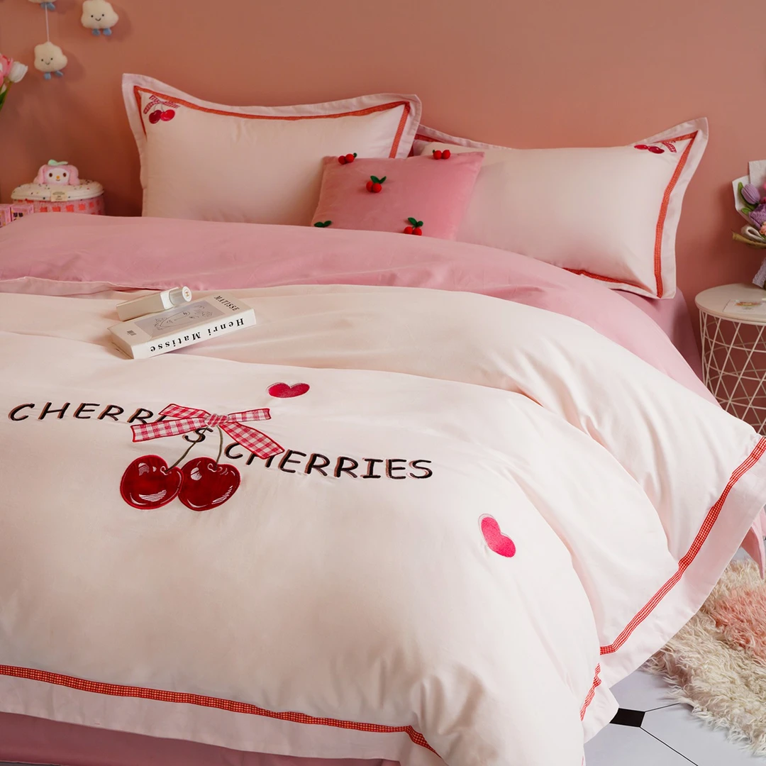 秋冬季加厚全棉磨毛床上四件套高级感纯棉樱桃刺绣床品女被套床单