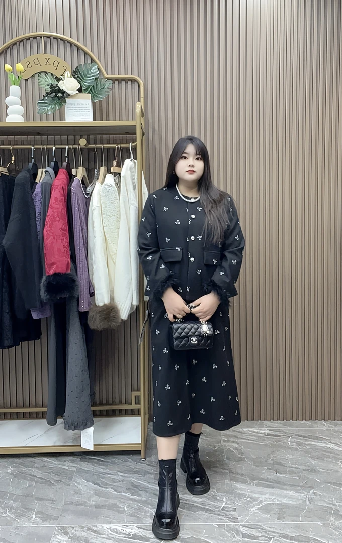 （莉莉家）大码女装秋冬毛袖单排扣加厚修身百搭套装气质时尚套装