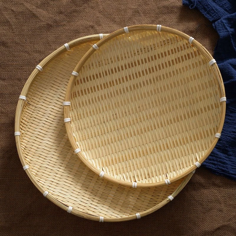 竹编制品果篮平盘晾晒盘手工平底盘果盘家用簸箕圆形果盘酒店烧烤