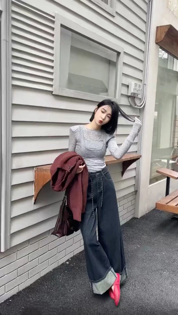 2900#ace#四季款 韩版高腰直筒阔腿裤 卷边牛仔裤女