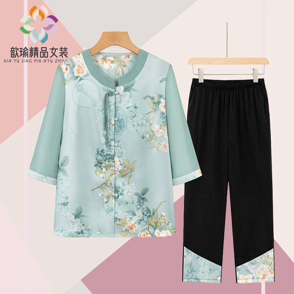 奶奶夏装套装中老年女装妈妈短袖两件套60岁70老太太夏季宽松开衫