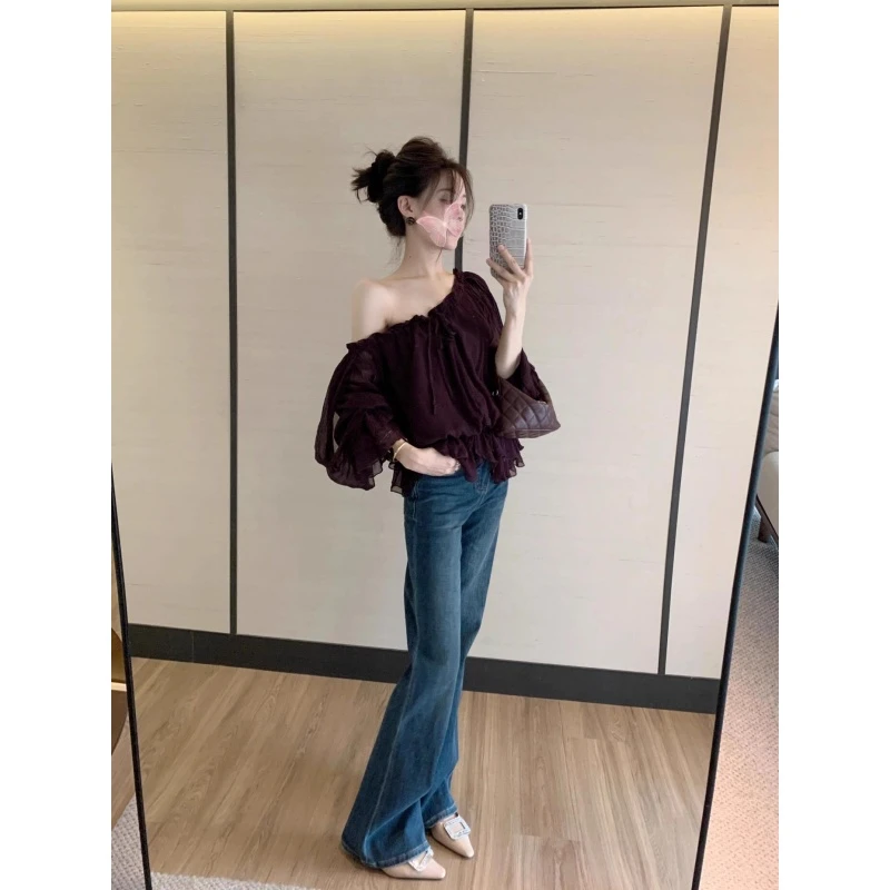 2025秋季新款韩版气质一字肩长袖衬衫女设计感小众别致荷叶边上衣