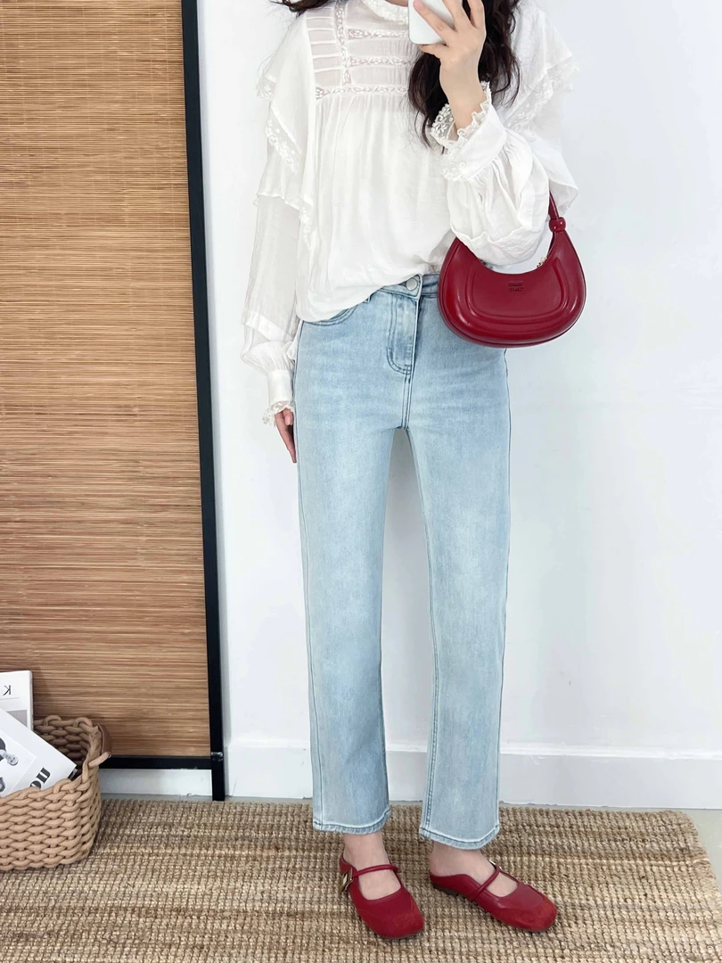 早春新款高街直筒九分牛仔裤子女高腰显瘦弹力梨形身材烟管裤