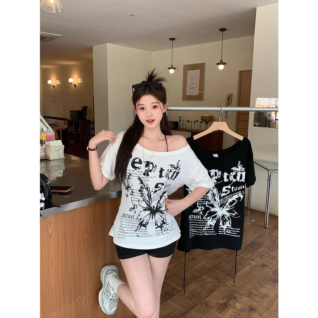 大码休闲短袖T恤女2025新款夏季露肩体恤胖MM遮肉显瘦设计感上衣