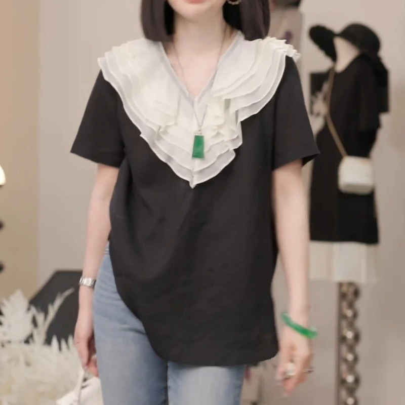 夏日出游度假V领波浪花边休闲短袖上衣LK2503139-1