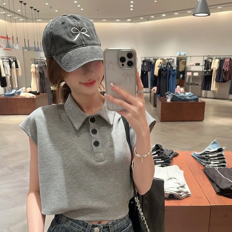 灰色polo衫领短袖t恤女装夏季2025新款后背绑带宽松时尚短款上衣