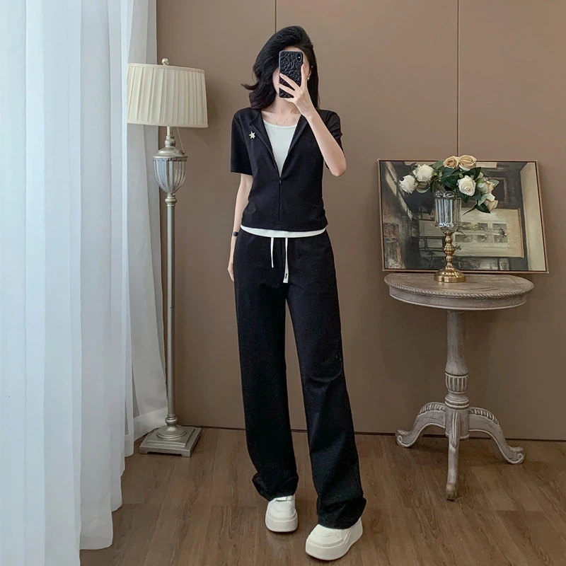 夏季新款假两件短袖长裤时尚套装裤子阔腿裤减龄气质修身显瘦穿搭