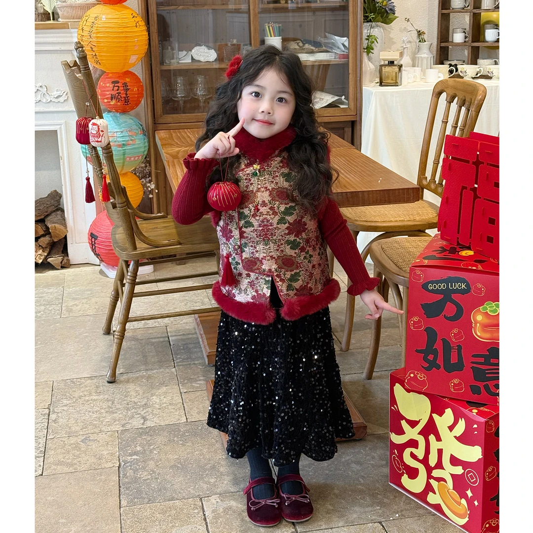 壹妈童装女童厚款秋冬季中国风休闲套装唐装复古女童喜庆拜年礼服