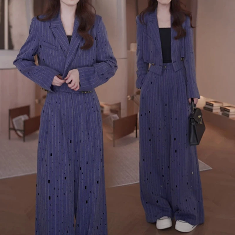 早秋穿搭一整套！职业女装西装长袖短款修身外套+高腰阔腿裤两件套