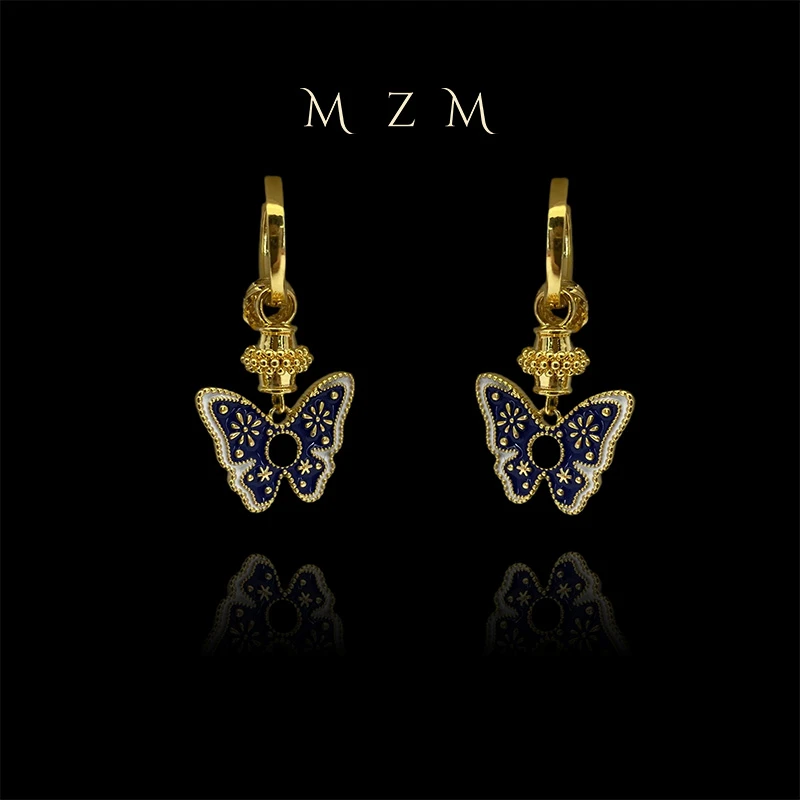 铜合金耳饰 MZM新中式复古风深蓝色蝴蝶吊坠小众高级耳扣6949