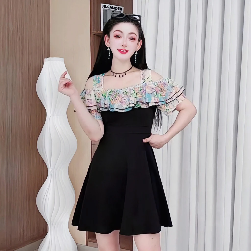 3415超仙连衣裙碎花拼接设计夏季新款露肩气质减龄显瘦黑色连衣裙