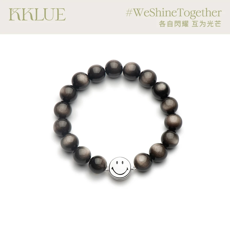 KKLUExSMILEY笑脸天然黑曜岩手串S925银水晶手链时尚百搭情侣礼物