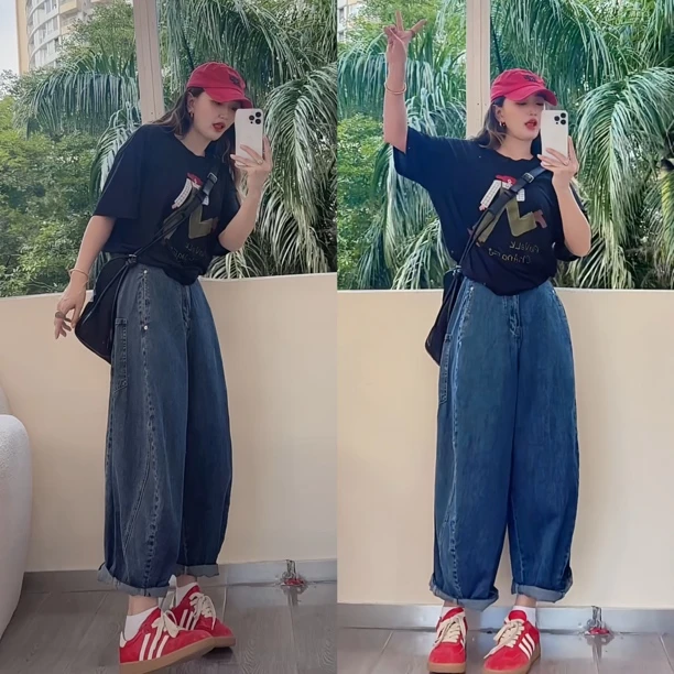 佟掌柜-立裁泡泡裤 高腰显瘦阔腿显瘦牛仔九分裤70857