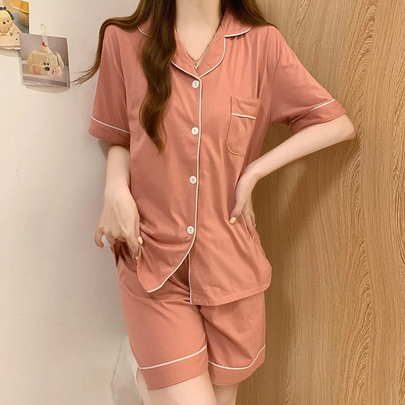 短袖短裤睡衣女款夏季针织棉网红韩版宽松简约绣红休闲开衫两件套