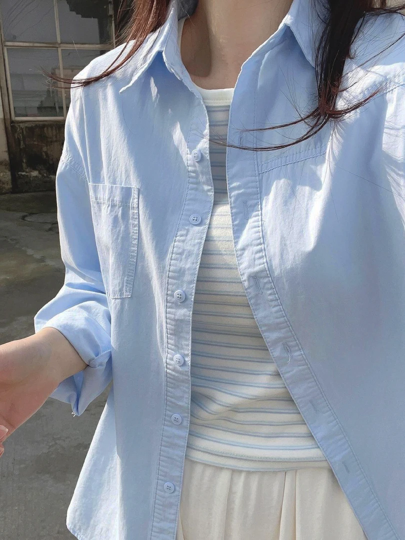 100%棉开春薄款纯棉衬衫女叠穿单穿宽松百搭显瘦长袖衬衣开衫ins