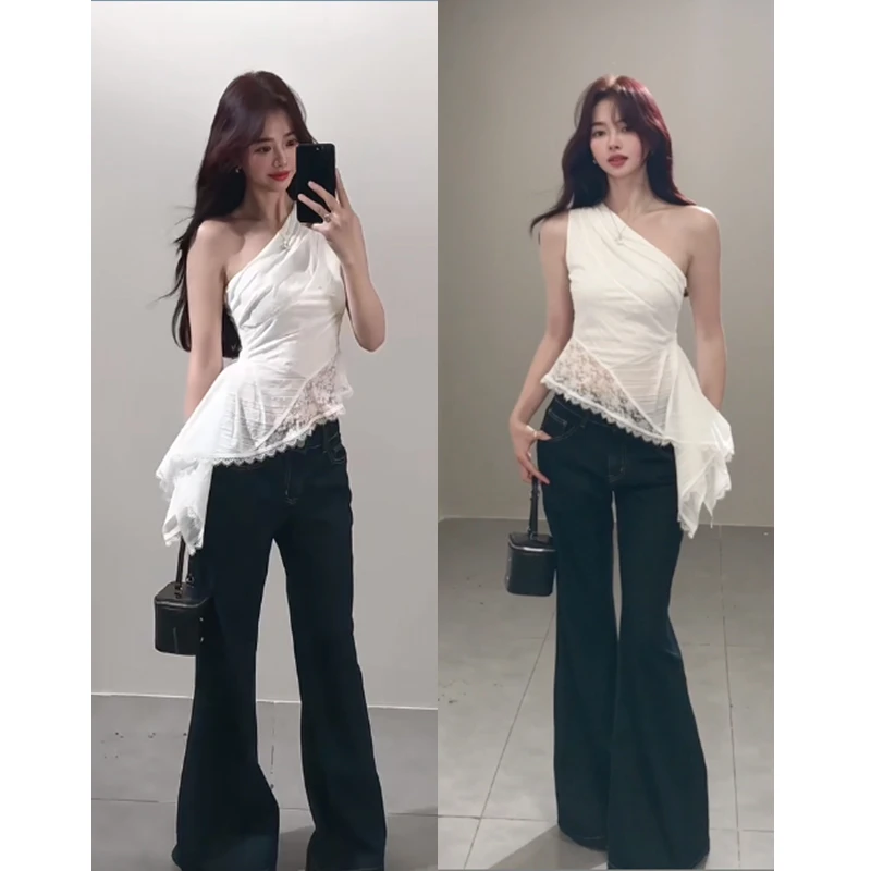 不规则蕾丝拼接背心上衣喇叭牛仔裤套装女夏季纯欲风气质辣妹穿搭