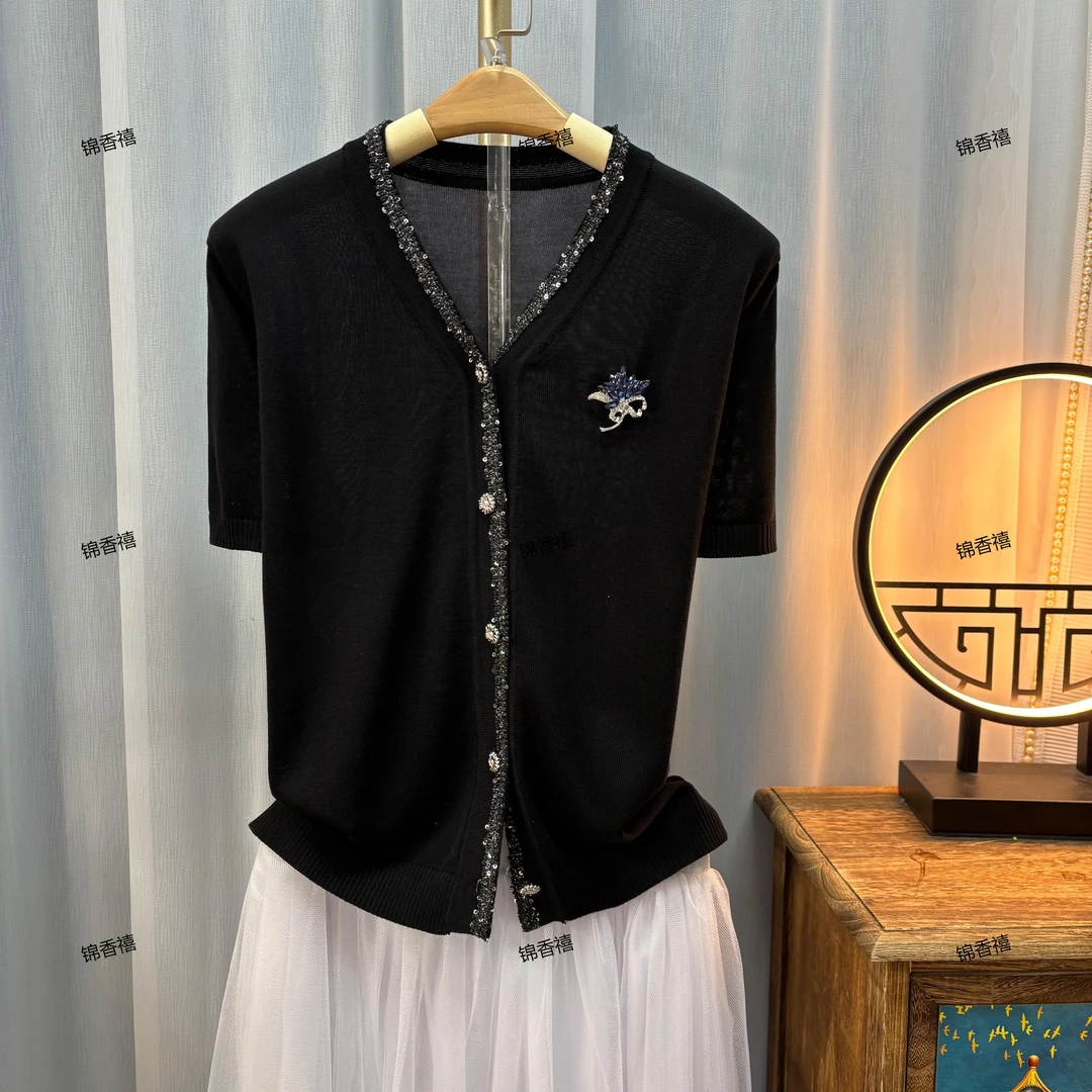 【V549蔓蓝-1V领短袖】薄款欧货重工气质显瘦针织衫开衫防晒衣外套