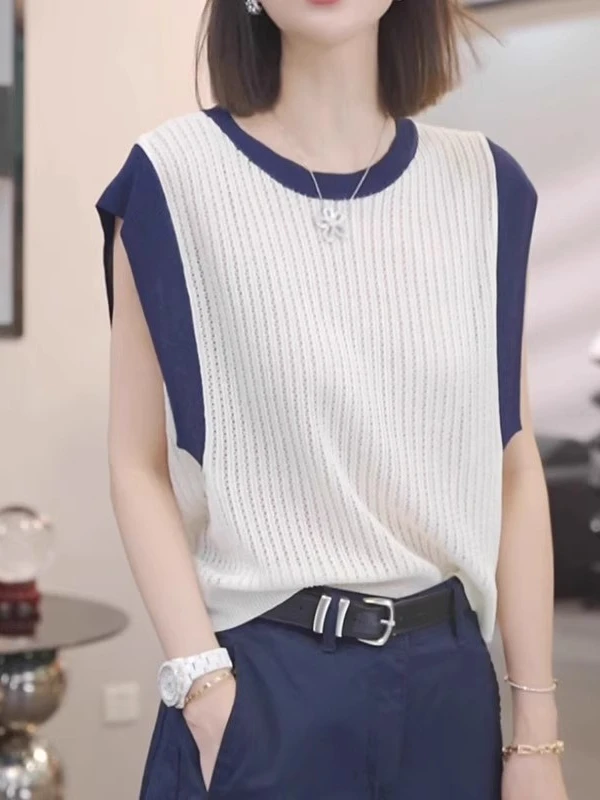 撞色冰丝镂空针织短袖t恤女夏季2025新款小飞袖坎肩百搭显瘦上衣