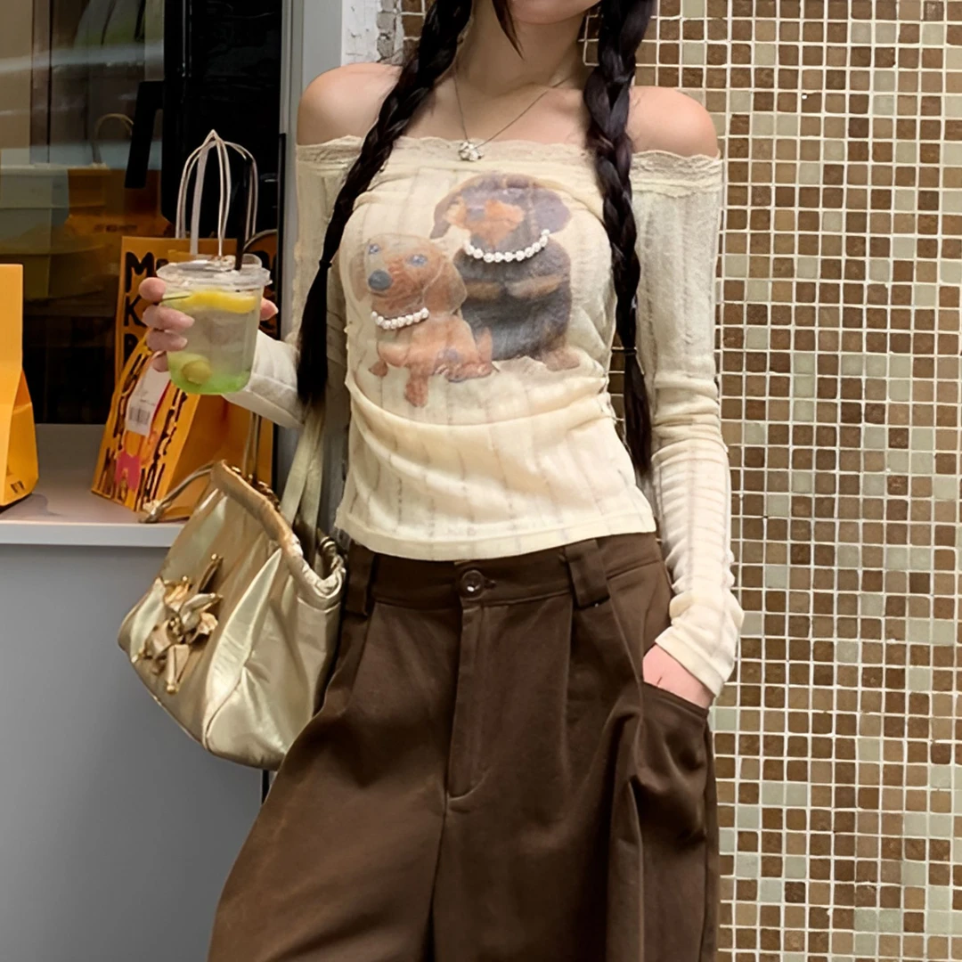 纯欲斜肩露肩蕾丝长袖T恤女2025早秋季褶皱收腰打底衫一字肩上衣