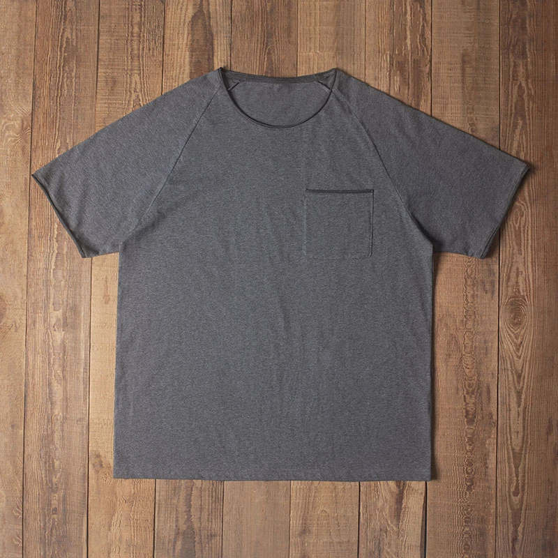 Double seam 拼色口袋短袖T恤插肩袖 卷边圆领宽松纯棉 复古黑灰