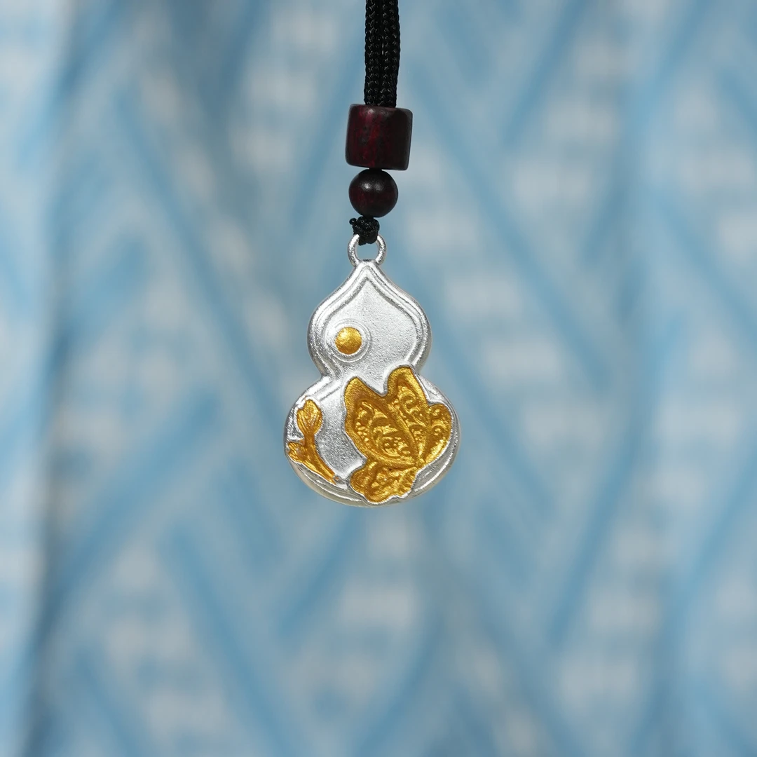 铜合金吊坠 镀银吊坠葫芦描金蝶恋花镀银吊坠项链新中式国风