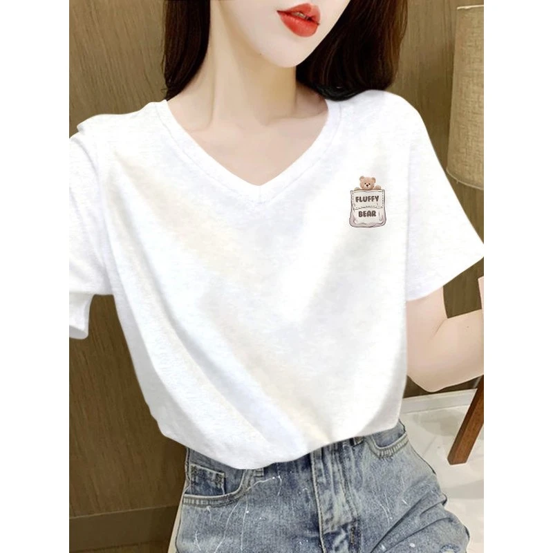 韩版2025年新款夏季简约竹节棉短袖t恤女白色V领上衣宽松纯棉体恤